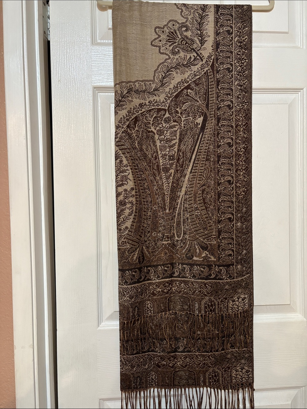 Elegant Brown Paisley Fringe Scarf - purchased in Italy